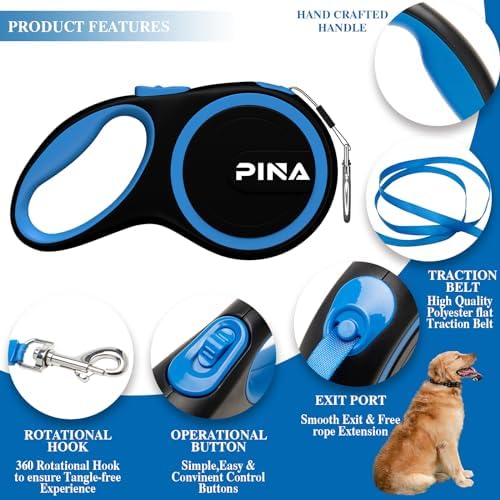 PINA Retractable Dog Leash, 10ft Dog Leash for Small Dogs Up to 33lbs, 360° Tangle-Free Strong Reflective Nylon Tape, with Anti-Slip Handle, One-Handed Brake, Lock - Black Blue