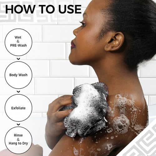 African Net Sponge Authentic - 2 Pieces Real African Loofah Shower Sponges - Body Scrubber Exfoliating Washcloth Black & Seawave - Africa Bath Sponges for Back Scrubber Shower Accessories