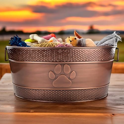 BREKX Indestructible Metal Dog Toy Bin - Copper Galvanized Storage Bin with Handles, Dog Toy Box for Dog Chew Toys, Blankets, & Leashes, Paw Pet Toy Box (25-Quart)