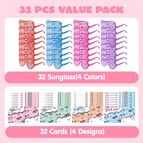 JOYIN 32 Packs Valentines Day Shade Glasses with Gift Cards Heart Shaped Shutter Heart Glasses Valentines Day Accessories for Kids Party Favor Classroom Exchange Prize Supplies