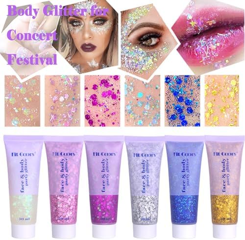 Body Glitter Face Glitter Gel: Singer Concerts Disco Festival Rave Accessories Face Glitter Makeup 150ml Chunky Sequins Mermaid Face Body Hair Glitter Gel (White&Silver&Lake Blue)