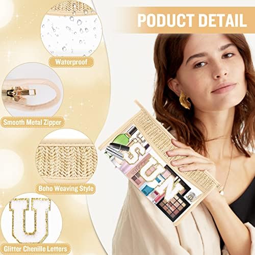 2 Pcs Boho Straw Clear Makeup Letter Bag BEACH Pouch, Sunscreen Bags for Beach Travel Small Cute Chenille Letter SPF Bag Pouch,Waterproof Beach Toiletry Sun Bag Beach Accessories for Women(SPF+SUN)