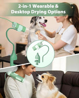 NRYDEPET 2-in-1 Hands-Free Dog Hair Dryer with Table Clamp – Low Noise Pet Grooming Dryer for Dogs & Cats, Adjustable Heat & Speed, Wearable or Desktop Use(Green)