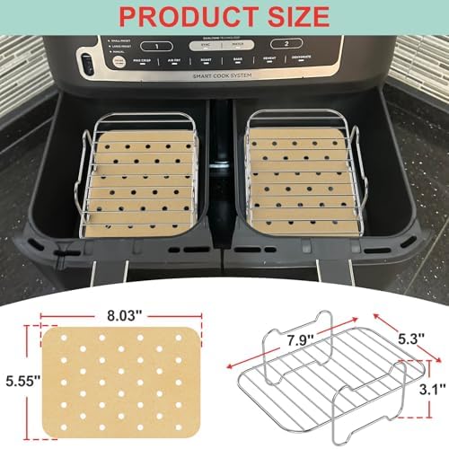 2 Packs Air Fryer Racks with 100pcs Liners for Ninja Foodi DZ401/ DZ201 and Other 8-10 QT Dual Air Fryer, Parchment Paper & Stainless Steel Toast Rack for Air Fryer 2 Basket Liners Accessories