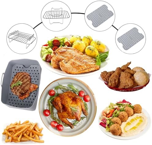 Dual Zone Air Fryer Accessories, 2pcs Air Fryer Rack with 2pcs Reusable Silicone Air Fryer Liners Compatible with Ninja Foodi Air Fryer DZ201, DZ401,4pcs Double Basket Air Fryer Accessories