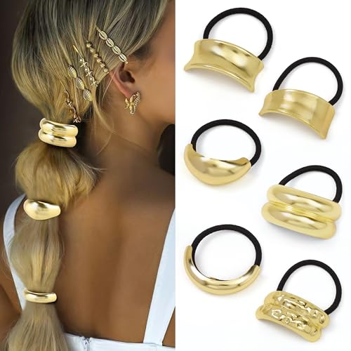Hair Ties for Women, Gold Metal Hair Cuffs Hair Accessories Elastic Hair Ties Ponytail Cuff Hair Bands for Both Thick Hair and Thin Hair