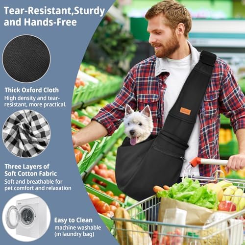 CUBY Dog and Cat Sling Carrier - Small Dog Carrier Sling with Adjust Strap & Zip Pocket, Hands Free Soft Dog Slings for Small Dogs Cats Puppy Pets Outdoor Travel Safety Purse Bag (Black)