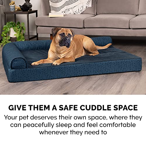 Furhaven Orthopedic Dog Bed for Large Dogs w/ Removable Bolsters & Washable Cover, For Dogs Up to 95 lbs - Plush & Almond Print L Shaped Chaise - Blue Almonds, Jumbo/XL