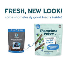 Load image into Gallery viewer, Shameless Pets Blueberry &amp; Mint Dental Chews for Dogs, 32 Chews - Natural Dog Teeth Cleaning Treats with Fresh Breath Benefits | Grain-Free Dental Sticks for Small, Medium &amp; Large Dogs

