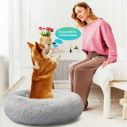 SAVFOX Plush Calming Dog Beds, Donut Dog Bed for Small Dogs, Medium, Large & X-Large, Comfy Cuddler Dog Bed and Cat Bed in Faux Fur, Washable Dog Bed, Multiple Sizes S-XXL