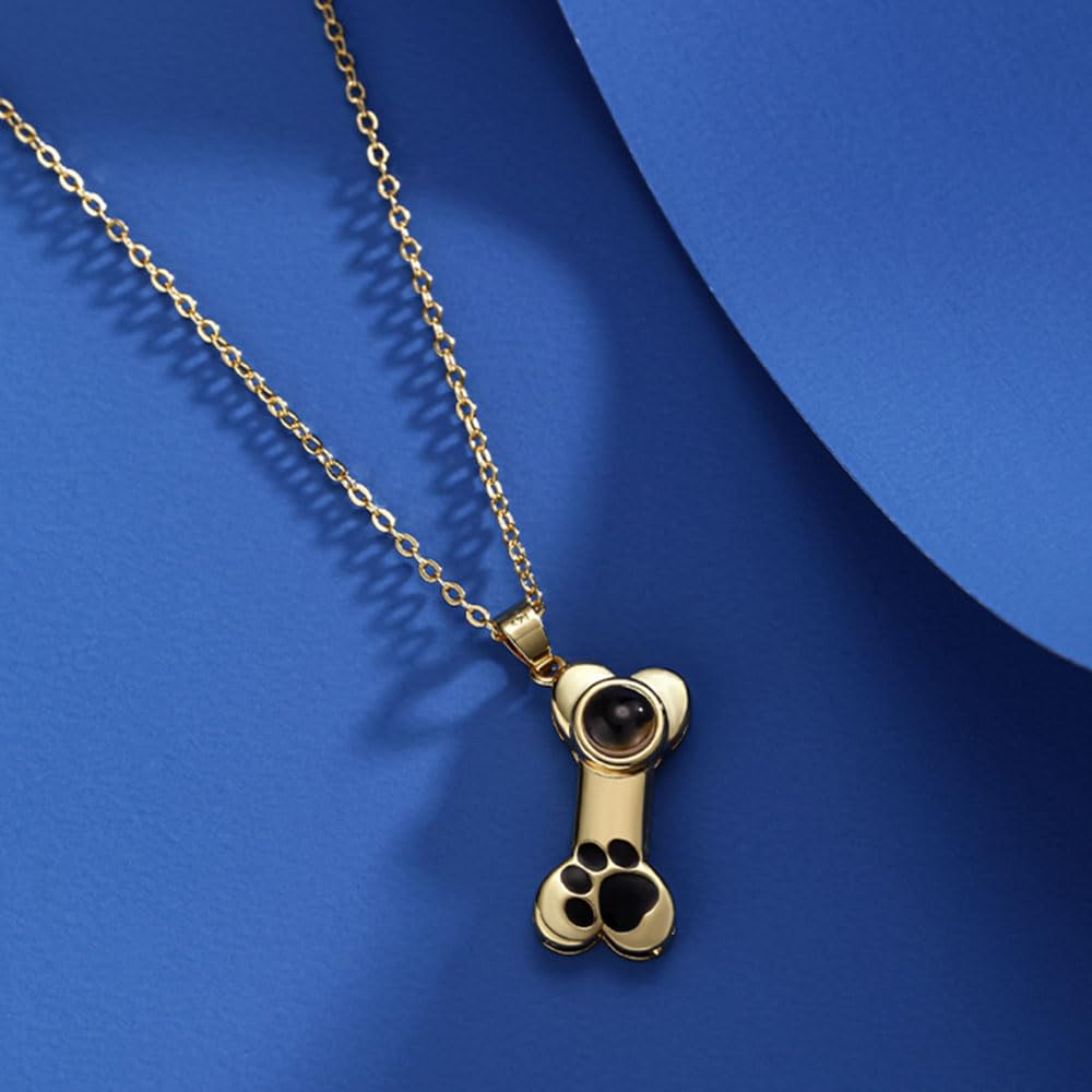 Wexibauyl Personalized Photo Necklace Custom Photo Projection Necklaces Dog Bone with Paw Print Pendant Necklace with Picture Inside Pet Dog Cat Memorial Necklace for Pet Lover Women Men