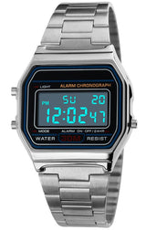 Unisex Men's Digital Watch Silver Stainless Steel LED Backlit Electronic Multifunction Date Alarm Stopwatch Square Woman Waterproof Sport Watches (Silver)