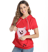 Women Big Pouch Shirt Pet Holder Pocket Top Short Sleeve Solid Color T-Shirt Red