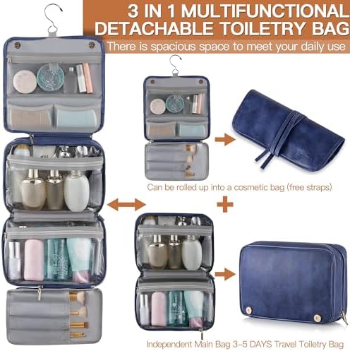Elviros Toiletry Bag Hanging Travel Organizer for Men and Women, 3 in 1 Multifunctional Large Makeup Cosmetic Case for Toiletries Accessories, Water-resistant PU Leather Bathroom Dopp Kit Shaving Bag