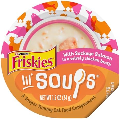 Purina Friskies Grain Free Lickable Cat Food Toppers Lil’ Soups With Sockeye Salmon in Chicken Broth - (Pack of 8) 1.2 oz. Cups