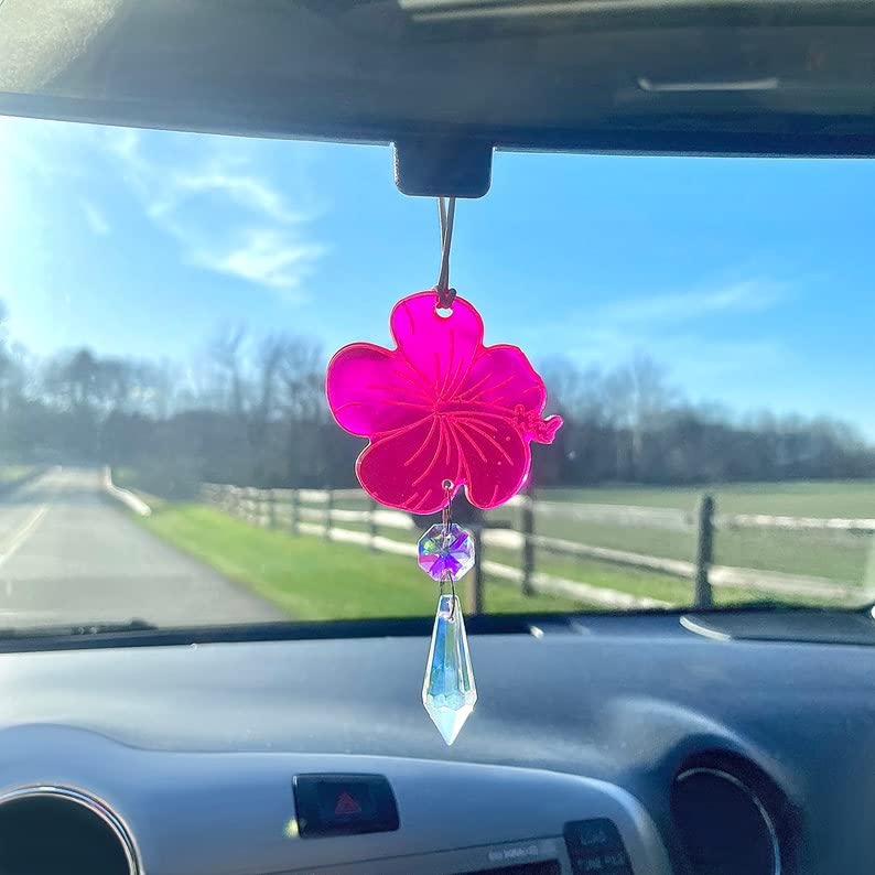 Hibiscus Hawaiian Flower Car Charm, Pink Crystal Suncatcher, Rearview Mirror Car Accessories, Cute Boho Interior Decor, New Car Gift For Her (Flower - Red, Crystal - Purple)