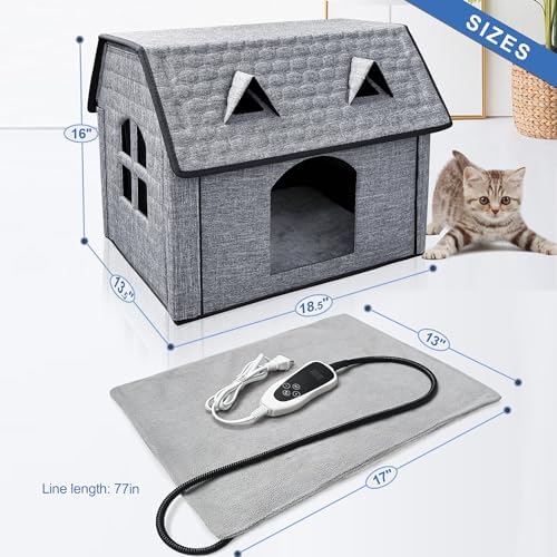Heated Cat House with Pet Heating Pads, Intelligent Thermostat Cotroller, Cat Heating Shelter for Indoor Outdoor Kitty, Foldable Puppy Heated Bed with Cute Windows, Sturdy and Waterproof
