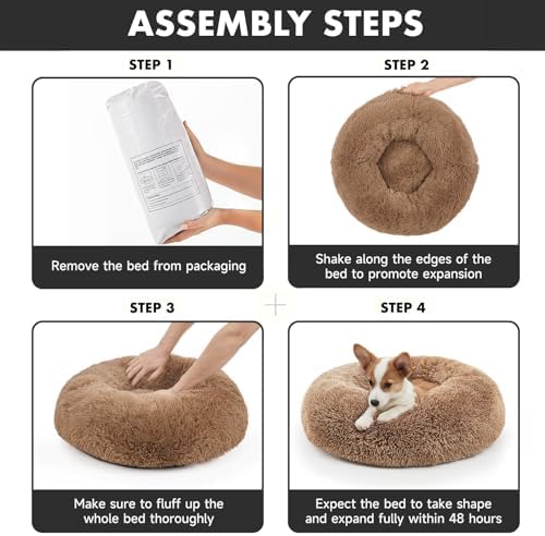 OhGeni Calming Donut Dog Bed Pillow for Small Medium Pets, Machine Washable Removable Cover, Comfort Plush Fluffy Faux Fur with Anti-Slip Bottom, Cats-Friendly Round Cuddly Design, Ocher, 23 inches