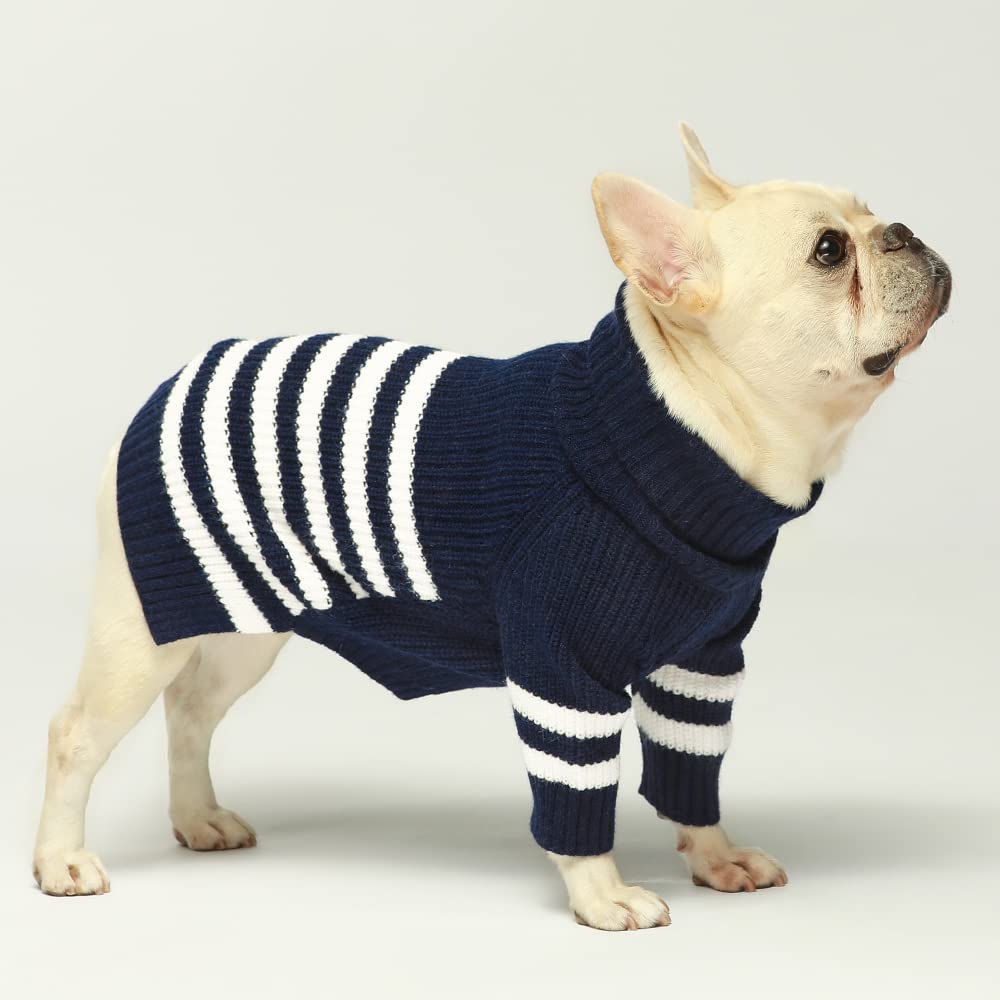 Fitwarm Dog Striped Knitted Sweater, Thermal Turtleneck Pet Coat, Dog Winter Clothes for Small Dogs Boy Girl, Cat Apparel, Blue, Small