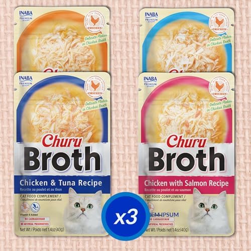 INABA Churu Broth for Cats, Creamy Broth with Shredded Chicken Side Dish Pouch, 1.4 Ounces per Pouch, 12 Pouches, Chicken & Seafood Variety