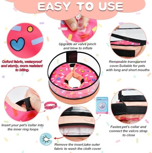 Dog Cone, Dog Surgery Collar, Inflatable Cones for Small Medium Large Dogs, Pink Doughnut Dog Recovery Collar, Does not Impede Vision