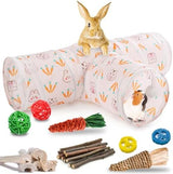 HERCOCCI Rabbit Toys, Bunny Tunnels & Tubes, Collapsible 3 Way Rabbit Hideout Tunnel with Chew Toys for Bunny Guinea Pig Ferret Kitten