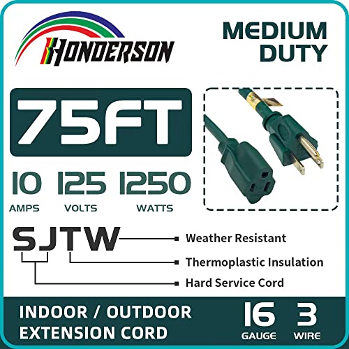 HONDERSON 75FT Outdoor Extension Cord-16/3 SJTW Durable Green Extension Cable with 3 Prong Grounded Plug for Safety,Great for Outside Christmas Decorations