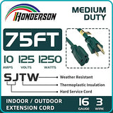 HONDERSON 75FT Outdoor Extension Cord-16/3 SJTW Durable Green Extension Cable with 3 Prong Grounded Plug for Safety,Great for Outside Christmas Decorations
