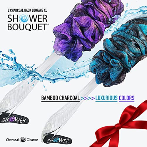 SHOWER BOUQUET Loofah-Charcoal Back-Scrubber Color-2-Pack // Long-Handle-Loofa-Lufa Bath-Sponge Brush/Extra Large Soft Mesh for Men & Women - Exfoliate with Full Pure Cleanse in Bathing Accessories