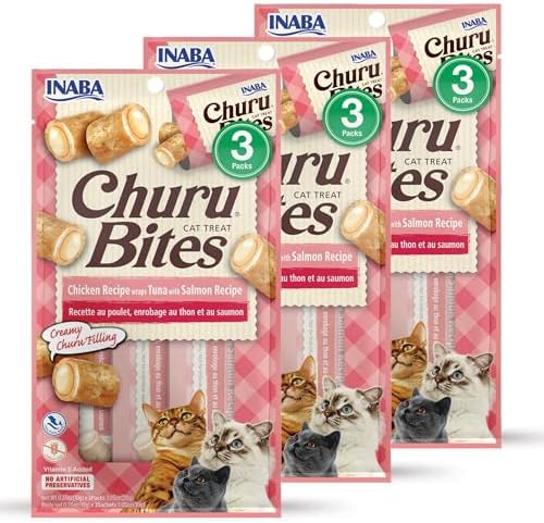INABA Churu Bites for Cats, Soft Baked Chicken Churu Filled Cat Treats with Green Tea Extract, 0.35 Ounces Each Tube, 9 Tubes Total, Tuna with Salmon Recipe