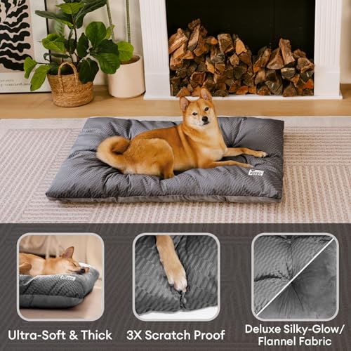 FUNNY FUZZY Washable Dog Crate Pad 35.4x22.8, Double-Sided Cooling Linen & Sherpa, Flat Crate Mat/Kennel Pad, Rectangle Dog Bed for Medium/Large Dogs & Cats, Charcoal Grey