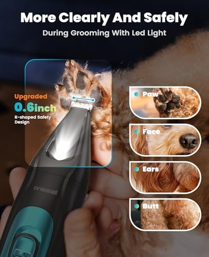 oneisall Silent Dog Clippers for Grooming, LED Light Dog Paw Trimmer Dog Nail Grinder, Rechargeable 2000mAh Dog Grooming Clippers Cordless Dog Hair Trimmer Electric Dog Trimmer for Small Dog Large Dog