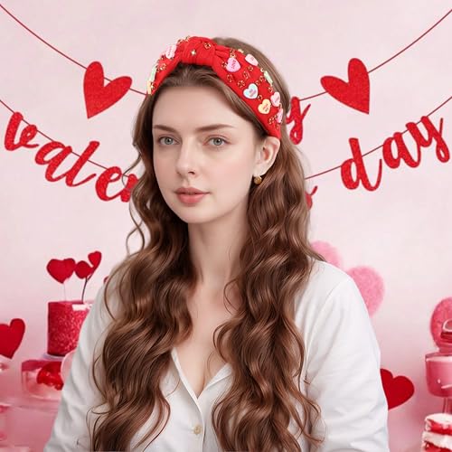 Valentine’s Day Headband for Women Candy Love Conversation Heart Headband Jeweled Beaded Heart Knotted Headband Sparkly Red Pink Rhinestone Hairband Valentines Accessories Gifts