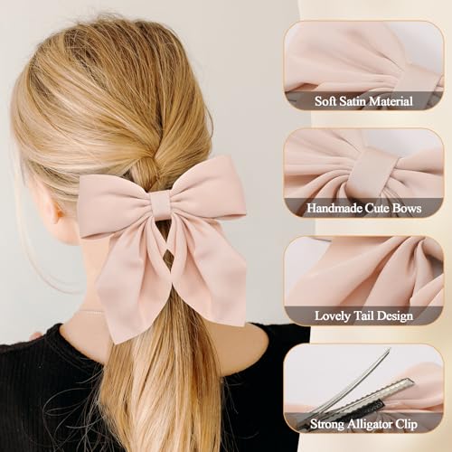 6Pcs Hair Bows for Women, Bow Hair Clips, Silky Satin Hair Bows for Girls, Pink Hair Ribbon, Cute Bow Clips for Women, Hair Accessories Valentine's Day Gifts