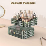 Makeup Organizer for Vanity, Stackable Cosmetics Organizer and Storage, Cosmetic Display Cases with 1 Drawers and 1 Tray for Makeup Brush, Hair Accessories, Lipstick and Jewelry, Green