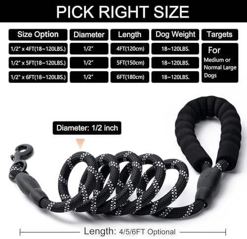 2 Pack Dog Leash, 4/5//6 FT Heavy Duty Nylon Rope Pet Leashes with Comfortable Padded Handle, Reflective Dog Leashes for Small Medium and Large Dogs (6FT-1/2,Black/Black)