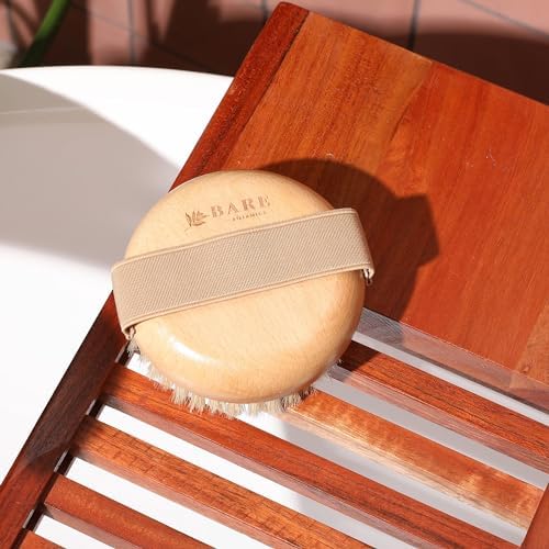 Bare Botanics Dry Body Brush for Lymphatic Drainage - Improve Circulation w/Gentle Exfoliation for Soft Skin - Ergonomically Designed w/Elastic Strap - Soft but Firm Natural Boar Bristles