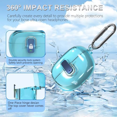 Clear Case for Bose Ultra Open with Safety Lock (2024), Shockproof Protective Cover for Bose Ultra Open Earbuds Clear TPU Bose Open Ear Case Accessories with Cleaning Kit & Carabiner (Clear Blue)