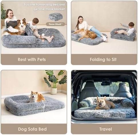 EHEYCIGA Foldable Human Dog Bed, Orthopedic Memory Foam Human Sized Dog Bed, Waterproof Pet Bed for People, Faux Fur Pet Couch for Adult, Grey, 72"x44"x11"