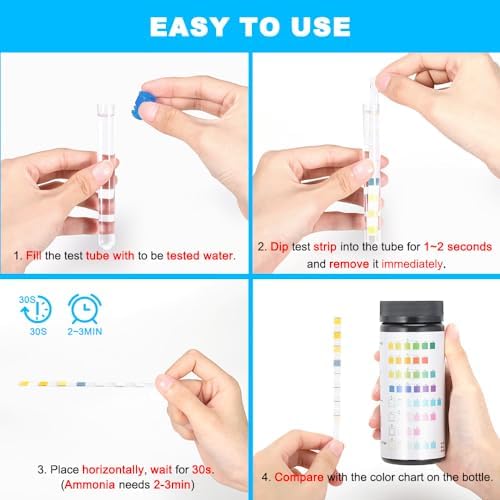 8 in 1 Aquarium Test Kit Fish Tank Test Strips Accurate Water Quality Testing Strips for Ammonia PH Total Alkalinity Carbonate Hardness Free Chlorine Nitrate Nitrite Temperature (150 Strips)