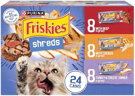 Purina Friskies Gravy Wet Cat Food Variety Pack, Shreds With Beef, With Chicken, and Turkey and Cheese Dinner - (Pack of 24) 5.5 oz. Cans