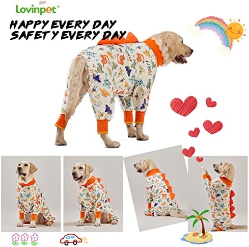 LovinPet Dog Onesie, Large Dog Pajamas, Anti-Licking, Post-Surgery Recovery Clothes, Lightweight Stretch Jersey Knit Jurassic Blue Prints - UV Protection/3XL