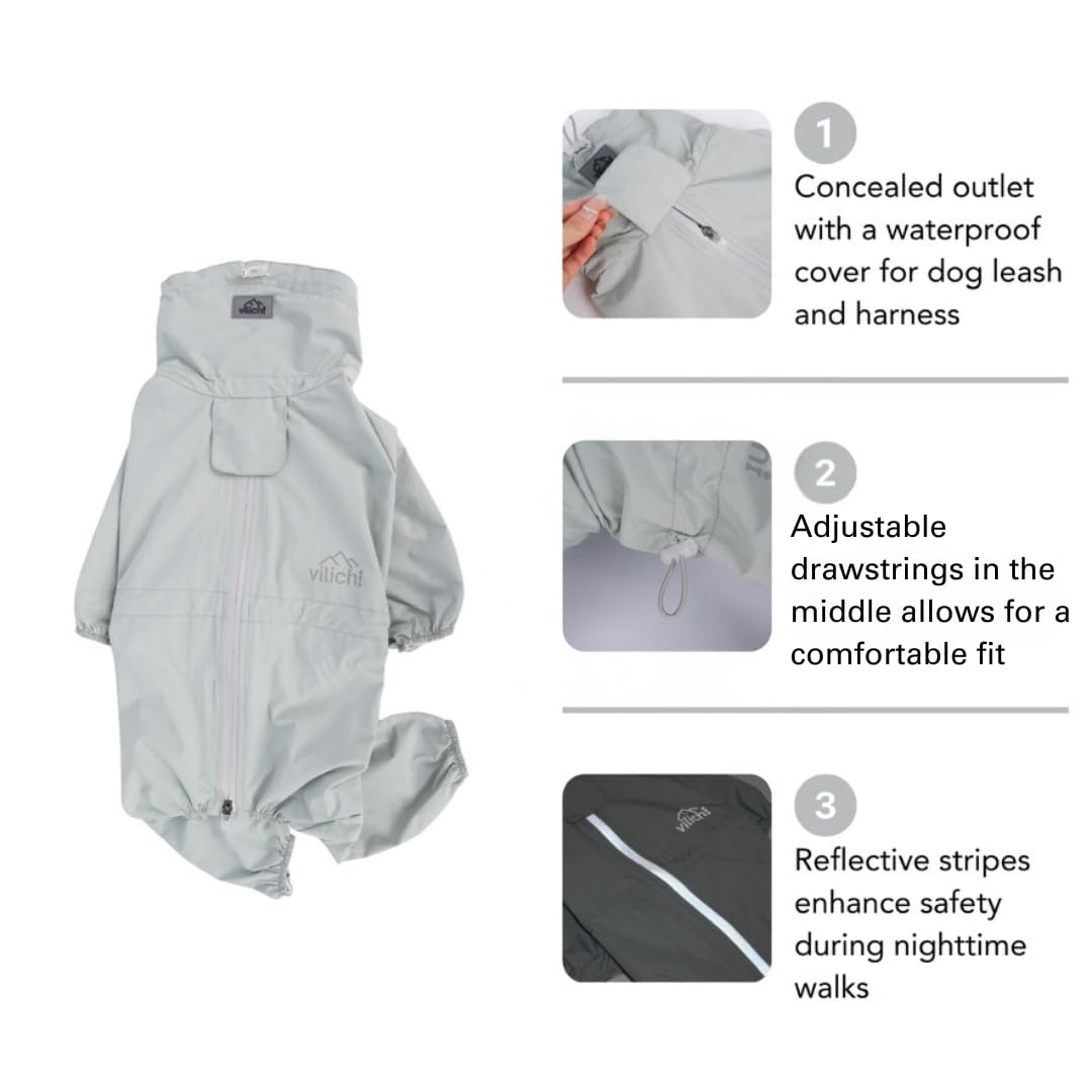 Vilichi Dog Raincoat, Waterproof Coat, Light Weight & Weather Resistant Shell, Full Coverage Rain Jacket with Legs, Grey, Including Storage Bag, for Medium Breed (X-Large)