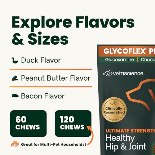 VetriScience Ultimate Strength Healthy Hip & Joint Chews, GlycoFlex Glucosamine, Chondroitin and Green-Lipped Mussel Joint Support Supplement for Dogs, Soothe Joint Discomfort, Duck, 120 Count