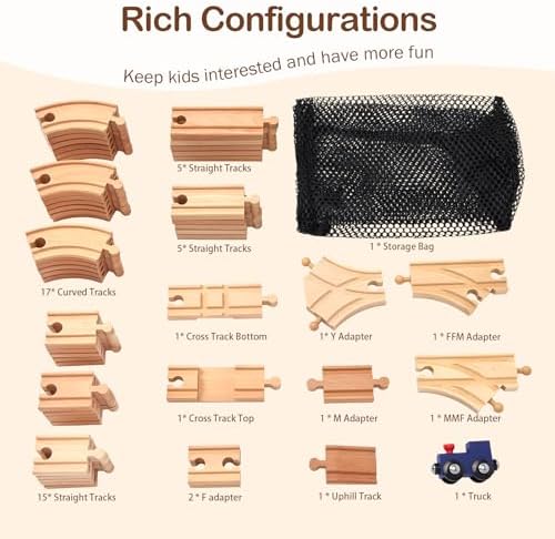 Wooden Train Track Set 53pcs, Wood Train Tracks Accessories Expansion Pack fits Melissa and Doug, fits Brio, fits Thomas, Montessori Toys, Birthday Gift for Boys Girls Toddler Kids (Train Track)