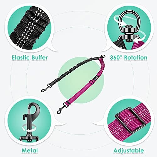 Two Dog Lead, 2 in 1 Upgraded Double Dog Leash Attachment Combine Adjustable Strap and Shock Absorbing Bungee No Tangle Dual Training Splitter for Different Size Dogs