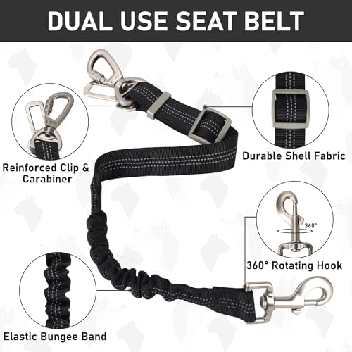 GAMUDA Dog Harness, Collar and Seat Belt Set, Vehicle Safety Harness, Retractable Adjustable Pet Seatbelts with Travel Strap and Carabiner for Most Cars (Black, L)