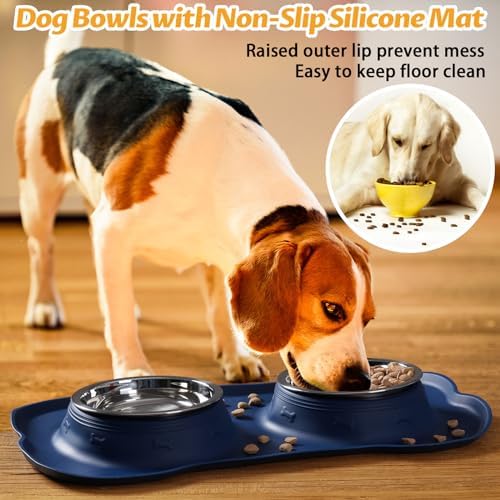 Hubulk Pet Dog Bowls 2 Stainless Steel Dog Bowl with No Spill Non-Skid Silicone Mat + Pet Food Scoop Water and Food Feeder Bowls for Feeding Small Medium Large Dogs Cats Puppies (Small, Navy Blue)
