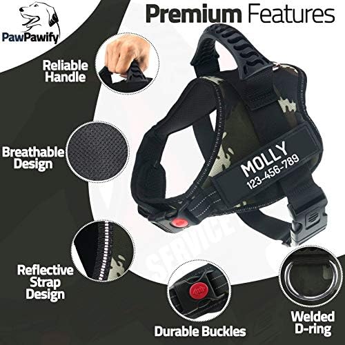 Personalized No Pull Dog Harness with Custom Name and Phone Number by PawPawify, Heavy Duty Pet Vest to Prevent Tugging, Pulling, or Choking, Training and Walking M Chest 24-31in Jungle Camo