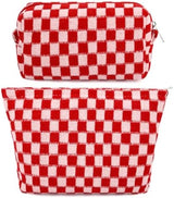 SOIDRAM 2 Pcs Checkered Makeup Bag Large Cosmetic Bag Toiletry Bag Makeup Pouch Travel Bag Organizer Cute Makeup Brushes Aesthetic Accessories Storage Bag for Women Red